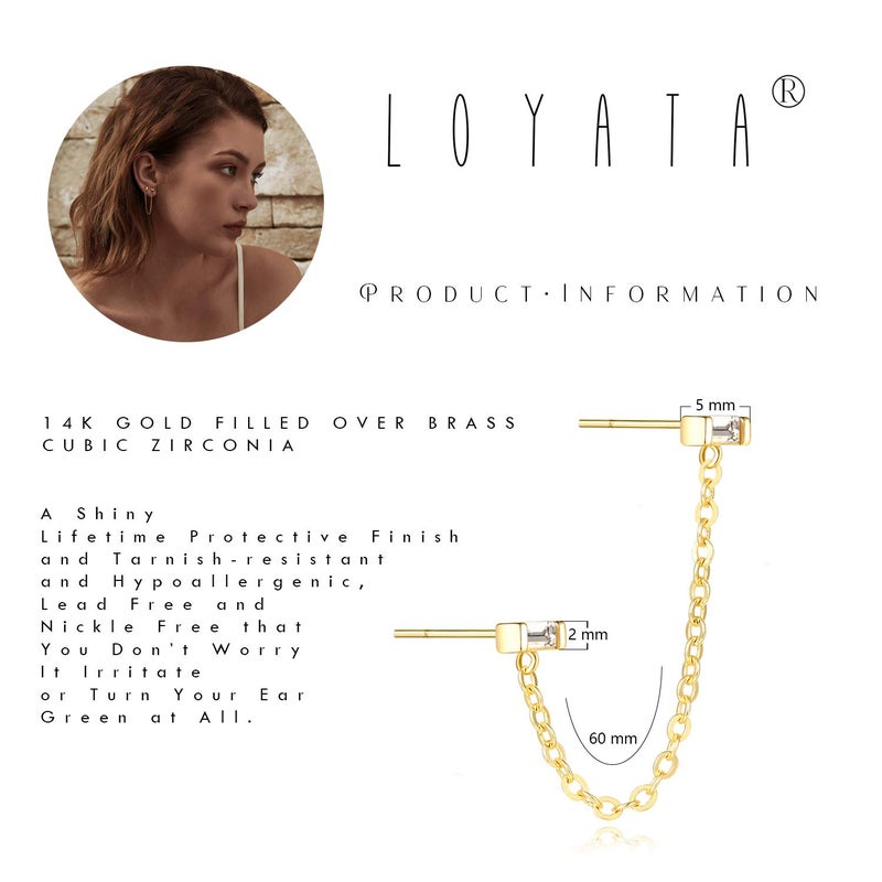 LOYATA Double Stud Earrings Gold Bar Diamond Cubic Zirconia Dainty Chain Dangle Drop 14K Gold Plated Small Simple Hypoallergenic Jewelry Gift for Women - Image 5